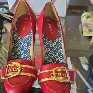 BCBGirls Red Gold Buckle Heels